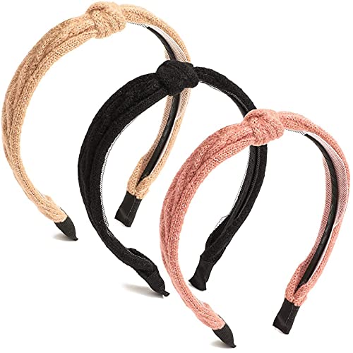 Knit Top Knot Headbands, Pink, Black, and Coffee (3 Pack)