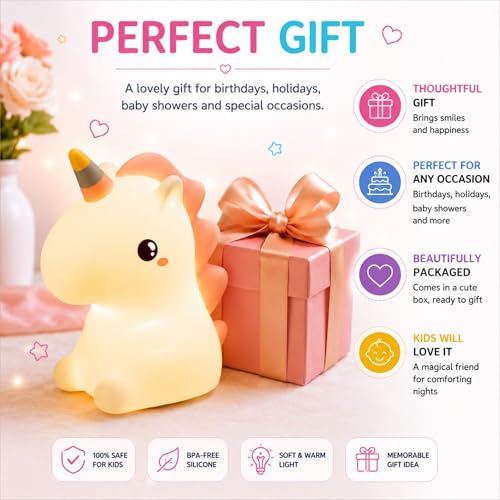 Image of HUMAIZAR Cute Unicorn Silicone LED Night Lamp - Soft Touch Kids Bedside Light for Girls Room, Nursery, Baby Sleep Lamp & Aesthetic Bedroom Decor