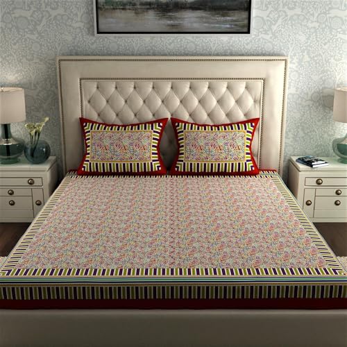 Image of La Verne144 TC 100% Cotton King Size Jaipuri Rjasathani Print Bedsheet with 2 Pillow Covers (Red)