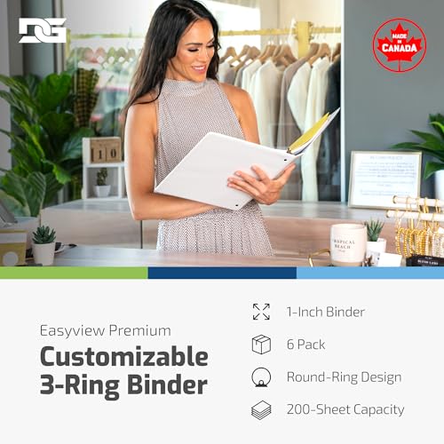 Image of Easyview 3-Ring Binder, Clear-View Cover, 1 inch Round Rings, White, 6 Pack | Heavy-duty binder, fits 8.5 inch x 11 inch paper, customizable cover, made in Canada, ideal for school or office use