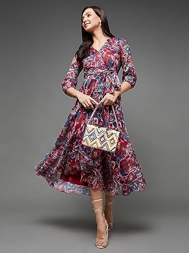 Image of Miss Chase Women's V Neck Full Sleeves Relaxed Fit Midi Length Dress