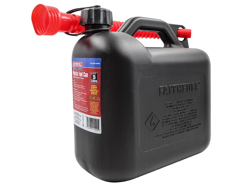Faithfull 5 Litre Plastic Fuel Can For Safe And Secure Fuel Storage Black