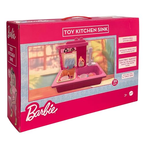 Image of Barbie Kitchen Sink Playset for Kids- 22-Piece Pretend Play Dishwashing Set with Electric Faucet & Automatic Water Recycle System,Rotating Faucet,Educational Role Play Toy for Girls Ages 3+