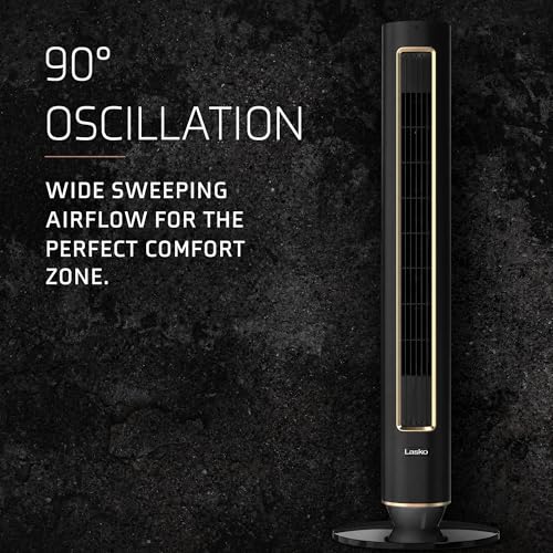 Image of Lasko Pinnacle 40 inch DC Tower Fan for Bedroom, Living Room, Home Office - 32 ft /s Airflow, 50 ft Distance, 90 Oscillation - AirSense, 12 Speeds, Night Light - Quiet 24 dBA - Remote, Black