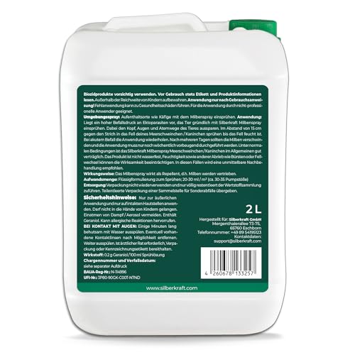 Silberkraft Milbenspray Meerschweinchen, Kaninchen & Kleintiere 2 L, zuverlässiger Milbenschutz, nützliche Parasitenabwehr, effizientes und garantiert hilfreiches Anti-Milben-Mittel
