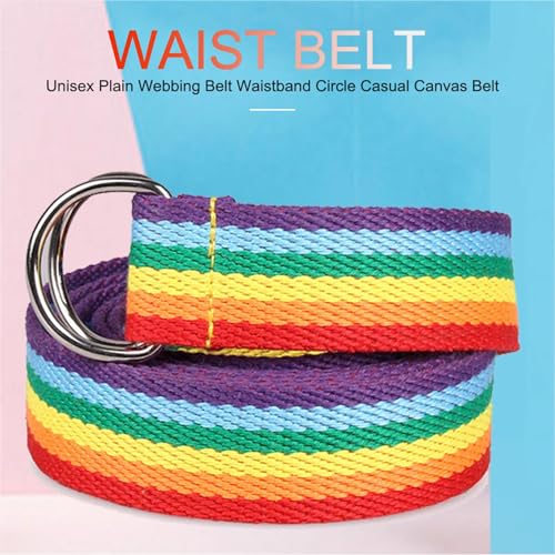 Generic D Ring Belts - Canvas Rainbow Belt D Ring Design, Fabric Belt With Double Buckle, Rainbow Colors With Silver Buckle, D Ring Plaid Belt Design for Pants Skirts Unisex Plain Webbing Belt Favor2