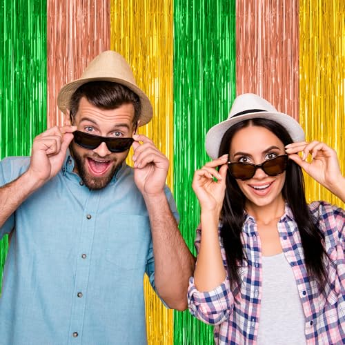 Image of ZATAYE 4 Pack Green Brown Yellow Hawaiian Luau Foil Curtain Decorations | Green Brown Yellow, Metallic Foil, 3.28 x 7.05 FT, Tinsel Backdrop, Foil Curtain Streamer, Luau Party