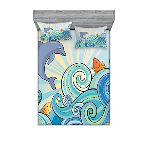 Ambesonne Sea Animals Fitted Sheet & Pillow Sham Set, Dolphin Fish Starfish Shells in Ocean Marine in Summer Pattern Print, Decorative Printed 6 Piece Bedding Decor Set, King, Blue