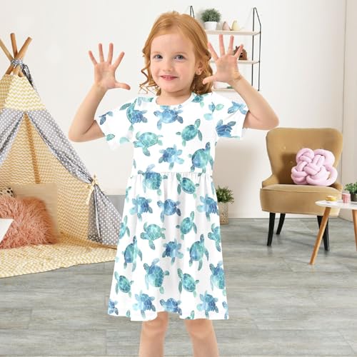 Watercolor Sea Turtle White Prints Summer Girls Short Sleeve Dress Casual Dresses Beach Sundress for 2-8 Years4