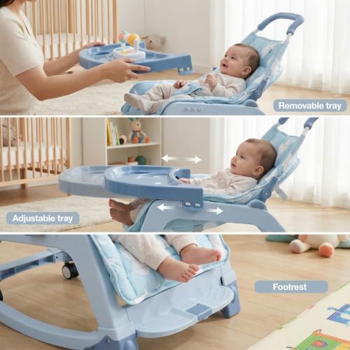 Image of Baybee Baby Rocker & Bouncer Chair for 0-3 Years | Baby Feeding Chair with Push Rocker Mode, Adjustable Canopy, Hanging Toys, 360 Wheels & 3-Point Safety Belt (Blue)