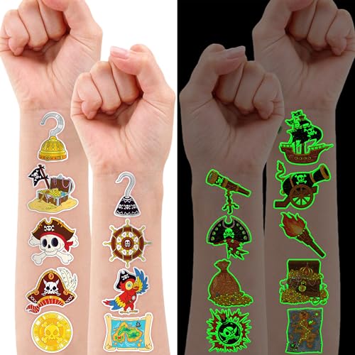 Image of 96 PCS Pirate Pre-Cut Luminous Glow in the dark Temporary Tattoos for Kids | Super Cute Ship Nautical Theme Birthday Party Favors Supplies Decorations, Treasure Fake Tattoos Gifts for Boys Girls