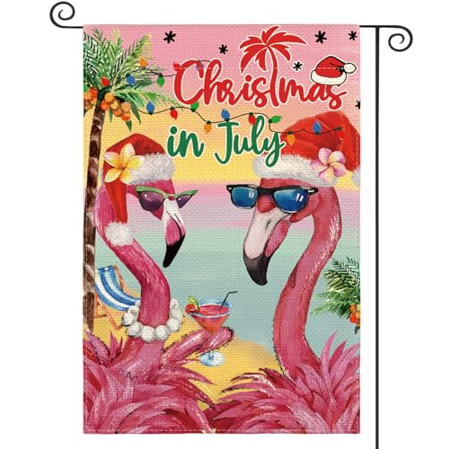 AVOIN colorlife Christmas in July Flamingo Garden Flag 12x18 Inch Double Sided Summer Holiday Yard Outdoor Decoration