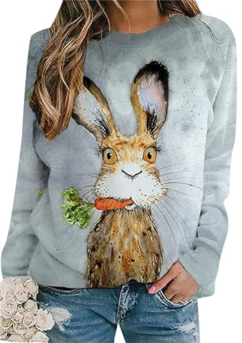 Image of Women's Easter Basic Sweatshirt Crew Neck Long Sleeve Sweatshirt Casual Loose Sweatshirt with Rabbit Print