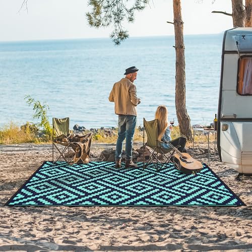 Image of GENIMO Outdoor Rug, Waterproof Plastic Rugs for Patio, 6'x9' Blue Green | Outside Larger Modern Carpet Mat for Porch Decor, Deck, Balcony, Camping, RV, Backyard, Picnic, Beach, Reversible, Foldable