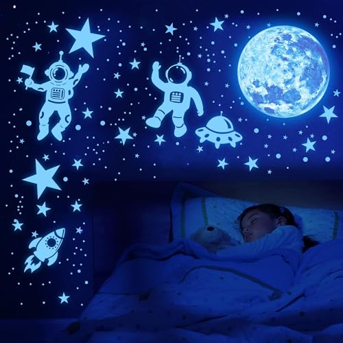 Image of Glow in The Dark Stars for Ceiling Glow in The Dark Moon and Planet Wall Decal Luminous Astronaut Universe Galaxy Space Wall Stickers Outer Space Decal for Kids Boys Bedroom Christmas Gift