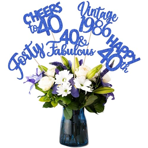 Image of 15 PCS 40th Birthday Centerpiece Sticks Forty Happy 40 Vintage 1986 Table Flower Centerpieces Sticks Cheers to 40 Fabulous Floral Decorations for 40th Birthday Party Supplies Blue
