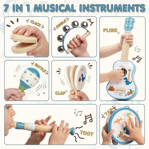 Lehoo Castle Dinosaur Kids Guitar Set - Montessori Educational Toys Gifts for 2 3 Year Old Boy Girls, Wooden Musical Instruments Toys with Ukulele/Flute/Tambourine/Maraca for Toddlers 2-4