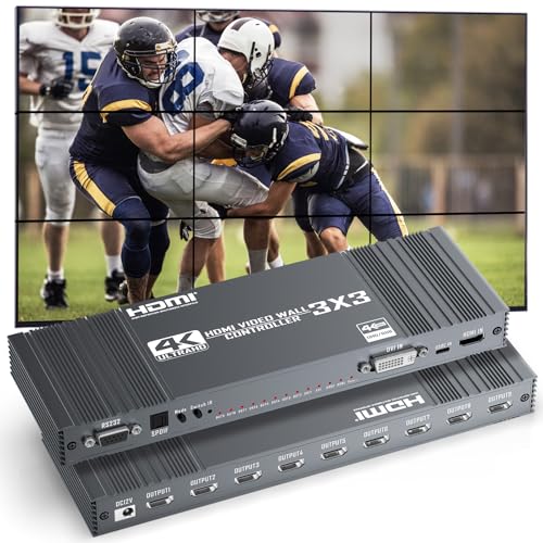 4K Video Wall Controller 3x3, HDMI Video Wall Processor for 9 Screens, with Image 17 Splicing Modes, DVI, RS232, 180° Rotate, Audio Extractor, 2x1, 2x2, 2x3, 3x1, 3x2, 3x3, 2x4, 4x1, 4x2，9 TV into 1
