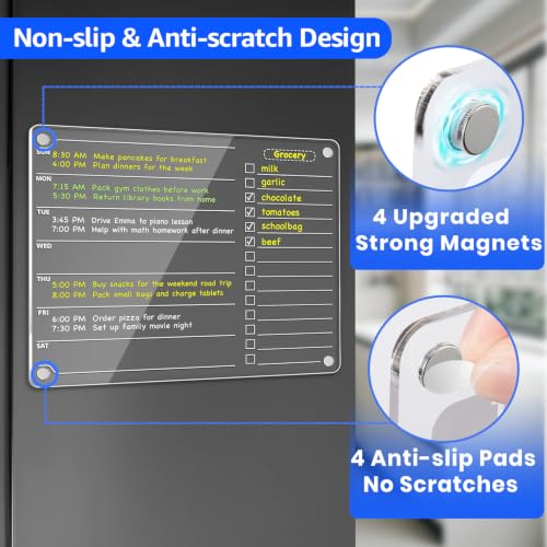 Image of PigPotParty Acrylic Magnetic Week /TODO Whiteboard for Refrigerator, 12x9.5 Inch Clear Dry Erase Checklist Board, 2-Column Fridge List with Pre-Installed Embedded Magnet, 8 Markers and 1 Towel