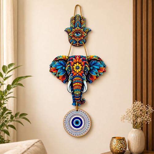 Image of Evil Eye Wall Hanging for Home Entrance Door | Nazar Battu Vastu Decor | Hamsa Hand Elephant Wall Decor | MDF Mandala Art Hanging | Good Luck Gift for Diwali Housewarming Bedroom Office