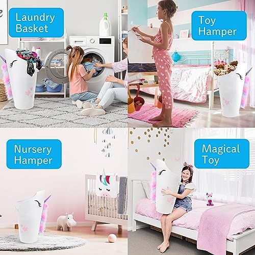 Image of PIKL Unicorn Hamper Bedside Caddy set Patented design Quality Girls Laundry Hamper with Carry Handle and hanging storage organizer bed pocket unicorn decor Ideal gift for girls kids laundry basket