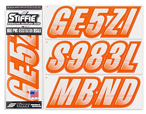 Image of STIFFIE Techtron White /Electric Orange 3 inch Boat & PWC Registration Decals • Numbers Letters Stickers