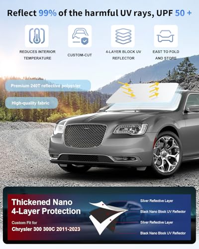 Windshield Sunshade for Chrysler 300 300C Front Window Sun Shade Custom Fit Chrysler 300 300C 2011-2024 2025 Accessories Windshield Cover 4 Layers UV Rays Heat Protection Foldable Sun Visor Protector