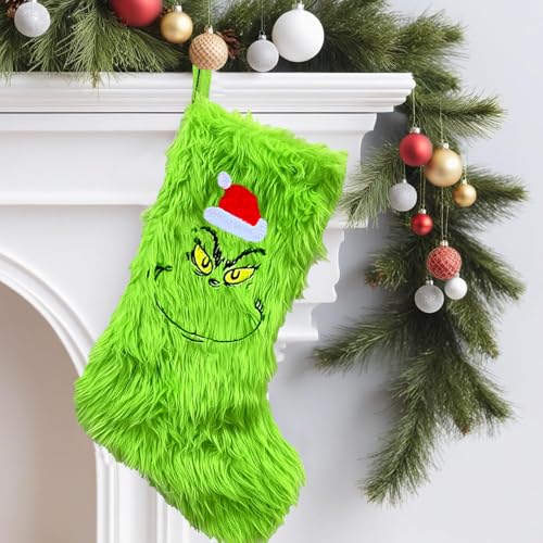 Calze natalizie, 50 cm, grandi calze natalizie Grinch per camino, parete, scale, albero di Natale