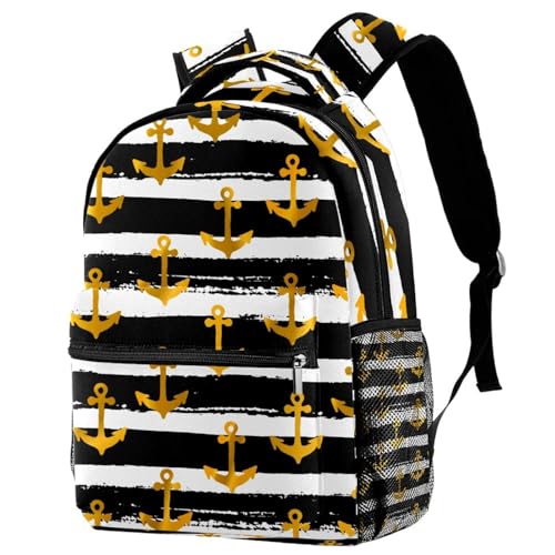 Sac à dos d'école rayures noires et blanches à ancres dorées 29x20x40cm