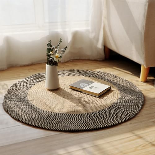 Image of Cotton Round Carpet 4x4 feet - Handmade Braided Boho Rug for Living Room, Bedroom & Balcony - Soft Washable Floor Mat, Color -Beige Center