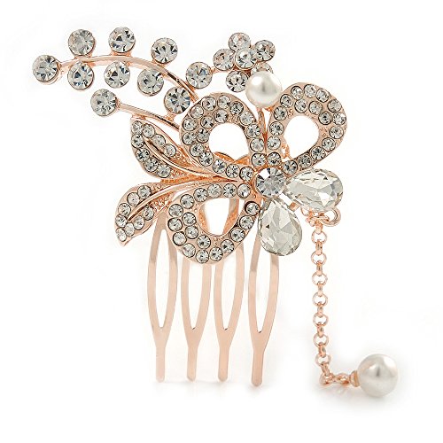 Preisvergleich Produktbild Avalaya Brautschmuck / Hochzeit / Abschlussball / Party, rotgoldfarbene österreichische Kristall-Blume mit baumelnden Seiten-Haarkamm 60 mm L