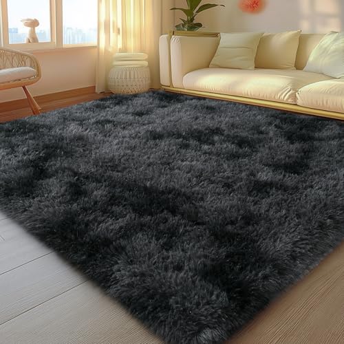 5x7 Rugs for Living Room, Large Fluffy Area Rugs for Bedroom, Soft Carpet Shag Kids Rug with 4 Non-Slip Rug Pads (Black Grey Tie-Dyed, 5ft x 7ft)