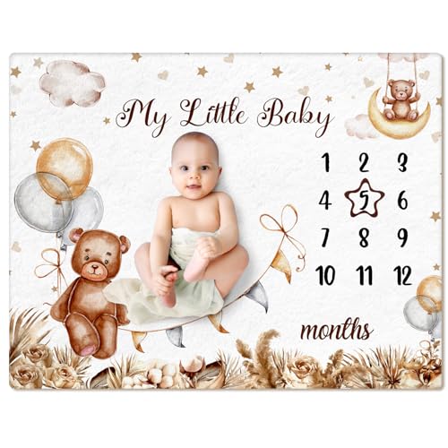 Image of Mindsoft Boho Sleeping Bear Monthly Baby Milestone Blanket Brown Bear Balloon Flannel Boy Newborn Infant Swaddle Growth Chart Baby Blanket with Frame for Boys Girls Nursery