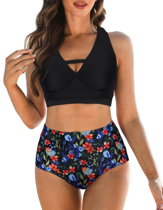 Ensemble bikini pour femme maillot de bain doux deux pièces avec haut col en V