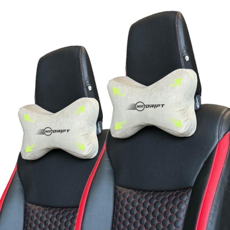 Neodrift ‘NeckBone’ - Neck Rest Cushion Orthopedic Velvet Memory Foam Pillow for Neck, Head, Shoulder Support - Pain Relief for Car, Set of 2 (Colour-Beige)