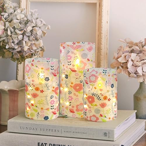 Image of Floral Flickering Flameless Candles, Recessed String Light LED Candles 3D Wick Acrylic Battery Operated LED Pillar Candles with Remote and Timer for Spring Decor Set of 3(Cute Floral)