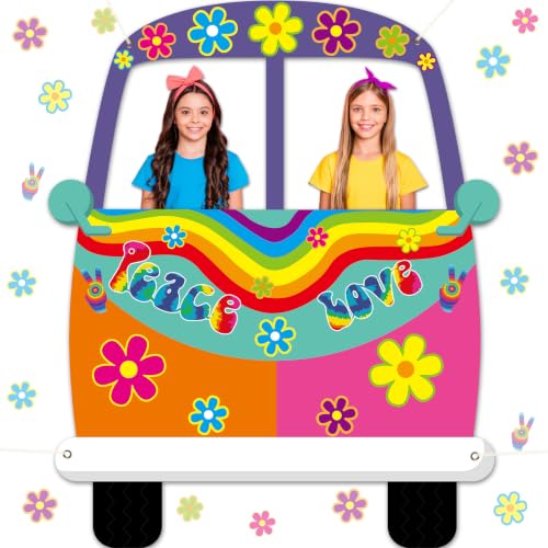 Large Hippie Bus Shaped Photo Prop 60s Party Decor 60's Retro Groovy Van Prop Fabric Hippie Selfie Frame Backdrop Background Banner Birthday Party Supplies Retro 60s 70s Party Favors 59 x 48.6Inch