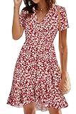 ULTRANICE Summer Dress 2024 Trendy Women Sundress Fall Casual Short Sleeve Floral V Neck Flowy Faux Wrap Vacation Outfits Clothes Wedding Guest Sun Dresses((Short Sleeve Red White Flower Floral,S)