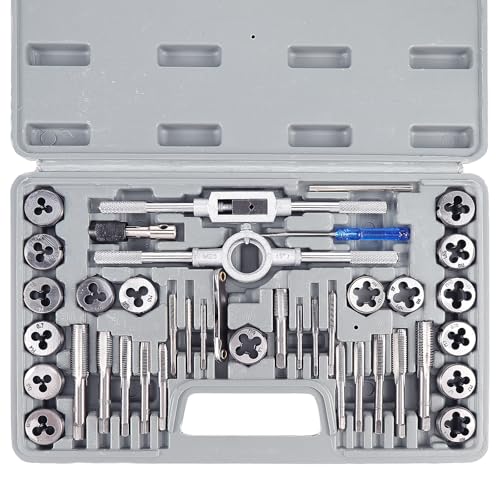 Gueenky 40 tlg. Gewindeschneider Set, M3-M12 Gewindeschneidsatz Metrisch Gewindebohrer Schneideisen Set Schneideisenhalter Windeisen Gewindeschneider Handgewindebohrer Set
