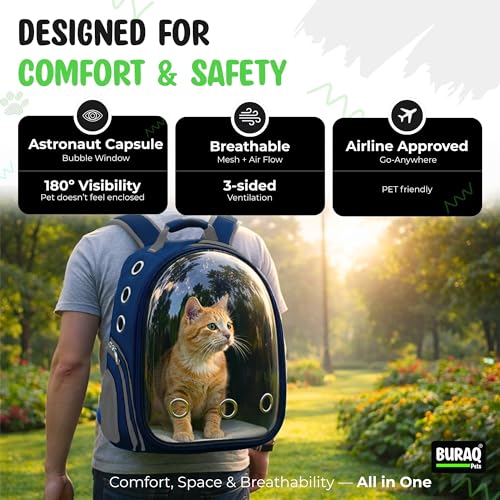 Image of Buraq Astronaut Pro Pet Carrier Backpack (41L x 32W x 26H cm) - Transparent Bubble Capsule Design, Airline-Approved, Breathable & Ventilated Travel Bag for Cats