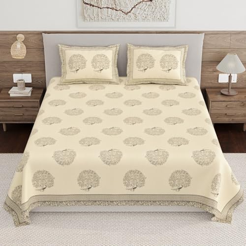 Image of Living Roots Ethnic Jaipur Block Print Double Cotton Bedsheet & 2 Pillow Covers, for Mattress Upto 6 inches Thick, No Colour Bleeding, Grey Colour, King Size 90 * 108 inches, 120TC (605-C)