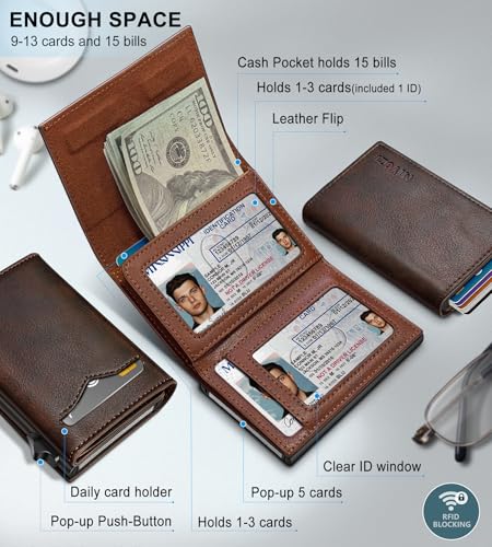 Image of miyozi Wallet for Men,with Cash Pocket 2 ID Window 9-13 Cards,Metal Case Smart Slim Pop Up Credit Card Holder Flip with Magnetic Closure RFID Blocking Trifold wallet with Gift Box