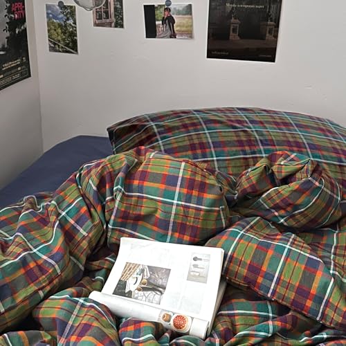 Image of mixinni Buffalo Plaid Duvet Cover Queen Size - 100% Washed Cotton 3-Piece Bedding Set for All Seasons, Retro Grid Design, Soft Breathable Comforter Cover with Zipper Ties for Men, Women-Queen Size