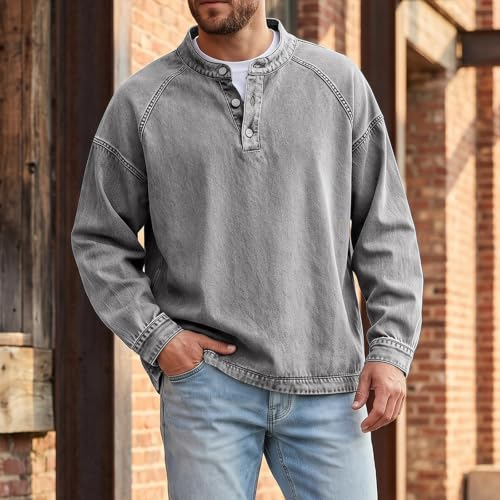 Denim Shirt Men Washed Button Down Pullover Henley Top Denim Blouse - image 2