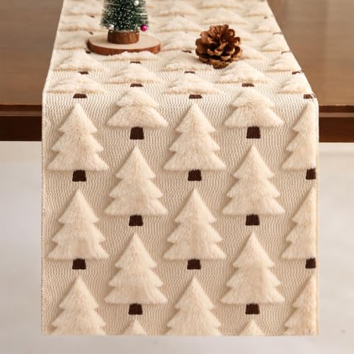 WKJZH Christmas Tbale Runner 13x90 Inch Soft Plush Faux Fur Jacquard Beige Christmas Tree Table Runner, Seasonal Autumn Kitchen Dining Table Decoration for Home Party Decor ZR001A90