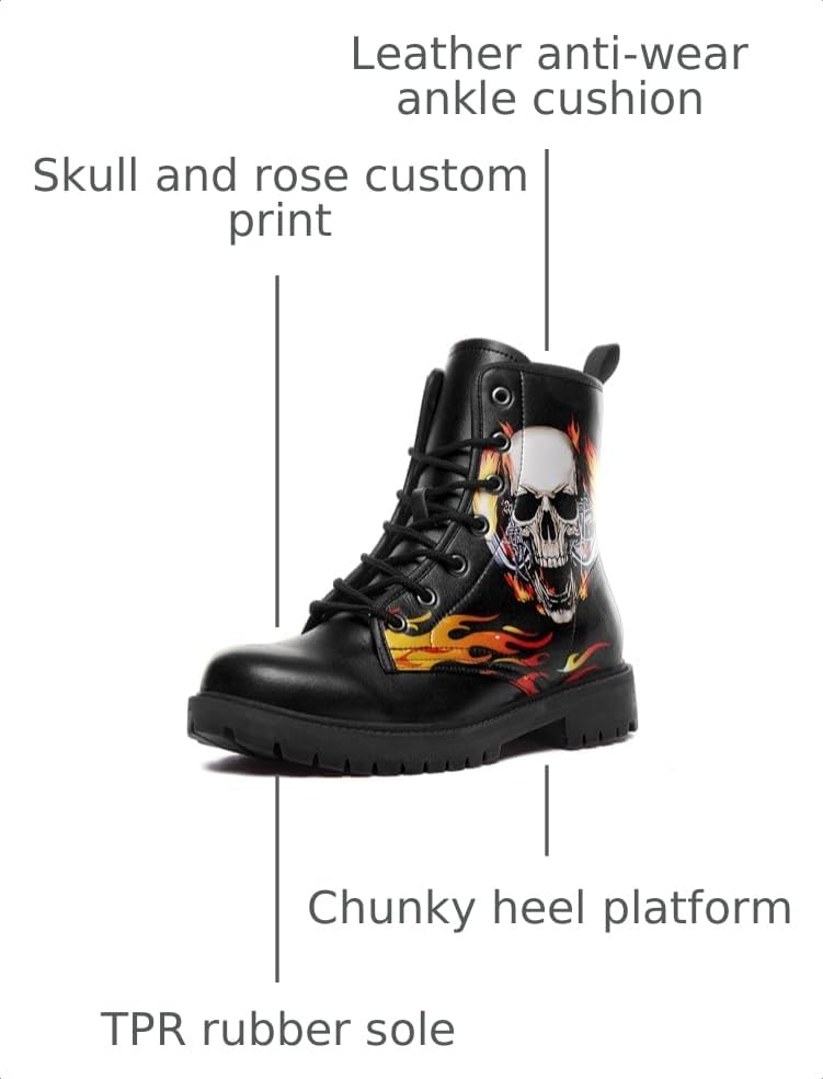 Image of Custom Black Combat Boots for Women Fashion Lace-Up Skull Rose Ankle Booties Chunky Heel Platform Leather Boots