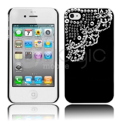 iPhone 4S Case, MagicMobile® Premium Hard Snap-On Case for iPhone 4 / 4S Cute 3D Pearls Lace Design Luxury Bling Dimond Cover for iPhone 4S Slim Case| Color Black