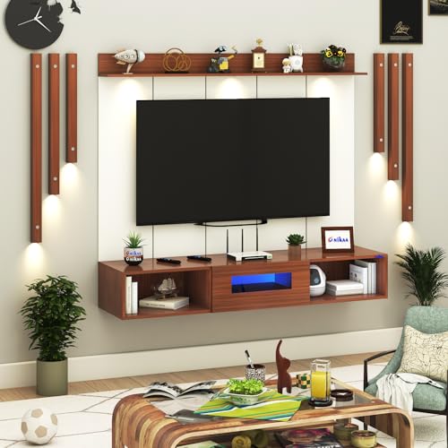 Image of Anikaa NovusPro Engineered Wood Wall Mount TV Unit with PVC Back Panel, Acrylic Blue LED Storage Box, Side Wooden Accent Spot Light Panels I Deal for Up to 50 Inch TV (Walnut - DIY Installation)