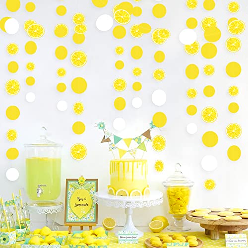 Image of 63 Ft Lemon Party Decorations Yellow White Circle Dots Garland Polka Dot Hanging Paper Streamer for Lemon Themed Wedding Bridal Shower Engagement Bachelorette Baby Shower Birthday Party Supplies