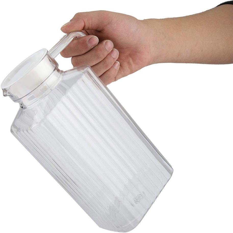 Tbest 1800ml Acrylic Transparent Juice Bottle Striped with Handle Water Ice Cold Juice Jug with Lid for Bar Home